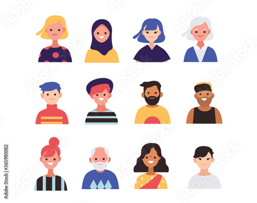 Collection, mix of Multicultural characters. Portraits of men and women. International people. Different face expressions.