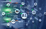 Artificial Intelligence. AI. Infographic illustration on fantastic computer center.