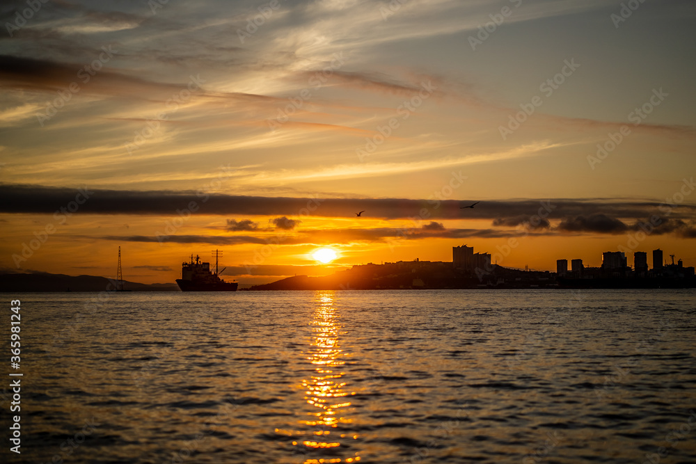 Seascape with a view of the silhouette of the city and the ship