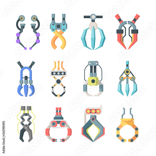 Robotic claws grips large set. Technological mechanisms for transfer goods industrial scale arcade game hooks for prizes element equipment for precise work fun gambling entertainment. Vector flat.