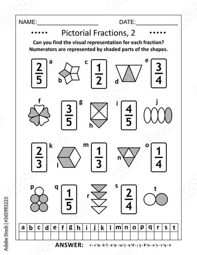 Educational math puzzle. Pictorial representation of fractions, reperesented by various shapes, recognition worksheet. Answers included.
