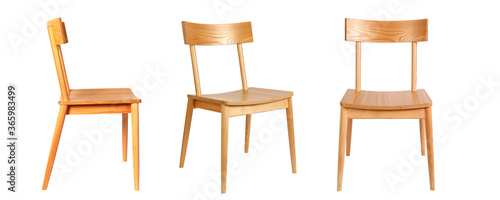 Set of three identical wooden chairs in different view angles photo