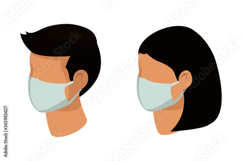 Man and woman wear protective medical face mask cartoon isometric design icon vector illustration. Infectious control and protect coronavirus, covid19 pandemic concept.