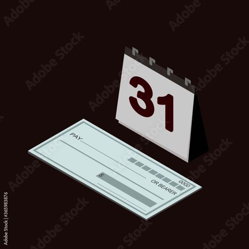 Blank checkbook ( cheque ) and calendar icon vector illustration. Paycheck, payday and payroll concept.