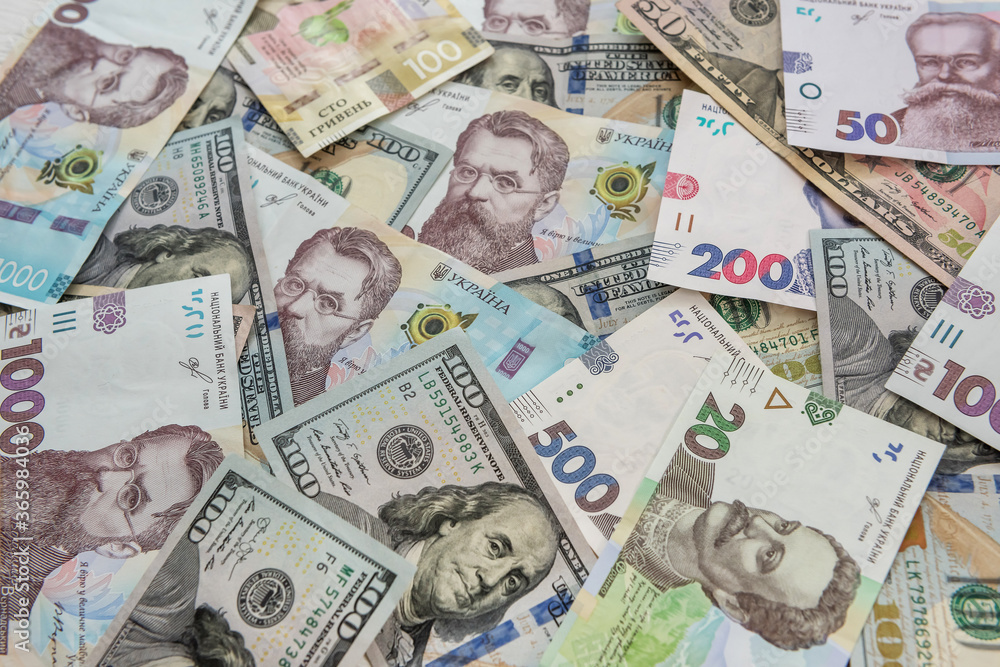 Ukrainian hryvnia and dollar exchange close-up top view