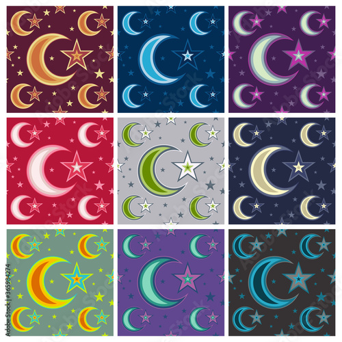 Abstract geometrical moon and star seamless pattern with colour combinations. Modern ethnic, minimalist, suitable for wallpapers, fabric pattern, banners, backgrounds, cards, etc.