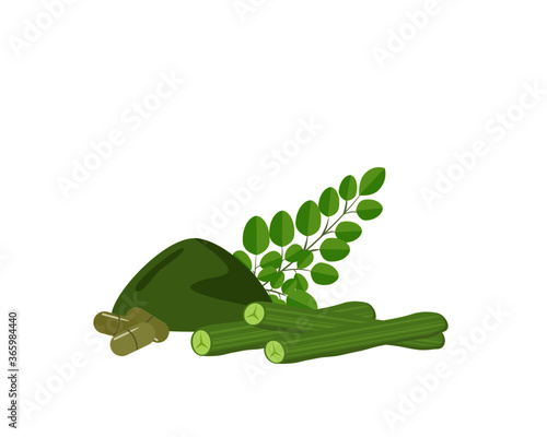 Fresh green moringa leaf with powder and capsule isolated on white. Vector illustration.