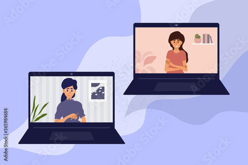 Psychotherapy online at home by laptop. Video call between psychologist and young woman. Sad girl talking to female doctor. Psychology internet session, health care, mental issue vector illustration