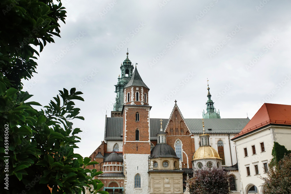 Cathedral and towers of Wawel castle residency in park landscape in Krakow, Poland