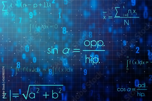 Scientific formula hologram on dark blue background, research and development concept. 3D Rendering photo
