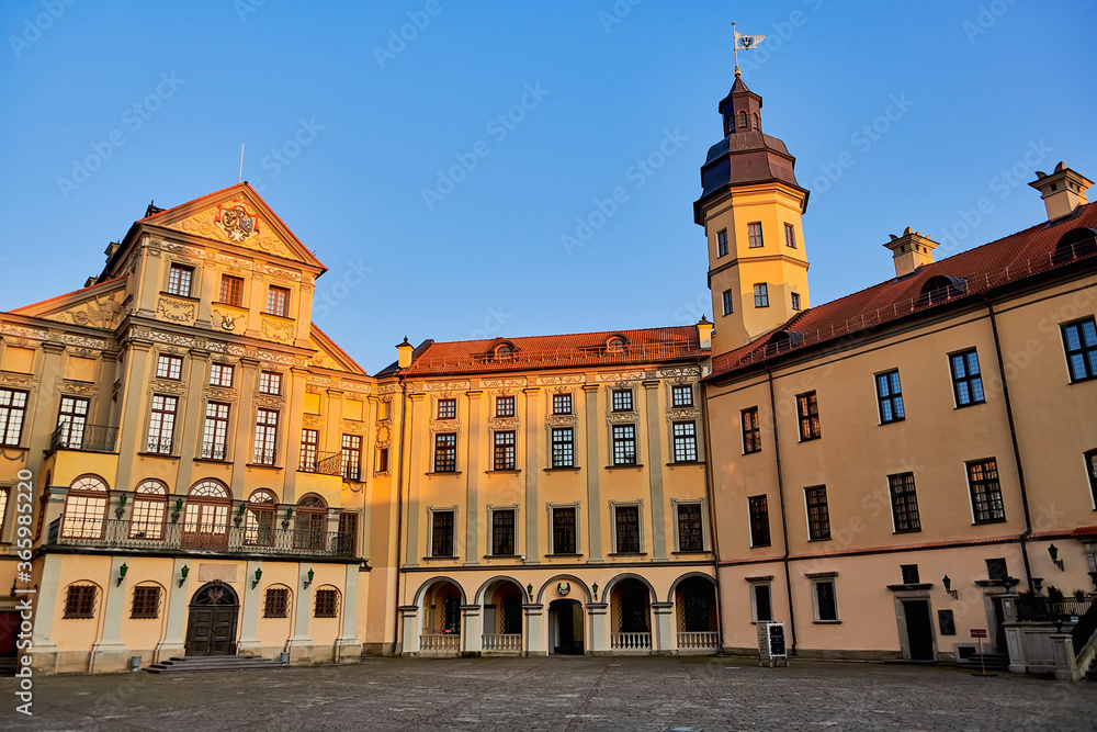 Exterior of a medieval castle. View of the facade of the main front building.