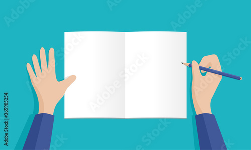 Person (man or woman) writes a message (document, sheet or to-do list) in top view - vector template with opened blank white note book and human hands holding pencil