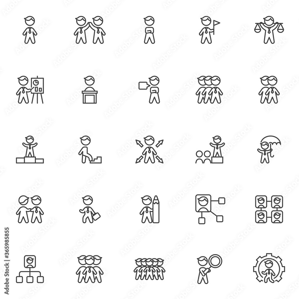 Business people line icons set. linear style symbols collection, outline signs pack. vector graphics. Set includes icons as businessman with tie, partnership handshake, team leader, people group