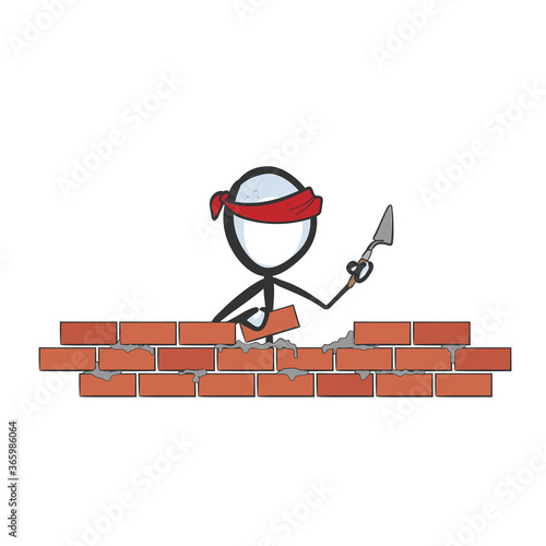 Construction worker laying bricks. Vector simple stickman. Building installing red bricks house. no face clipart cartoon. Hand drawn. Doodle sketch, graphic illustration photo