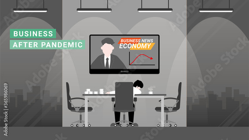 Business down. Tired office man worries and collapses in meeting room.