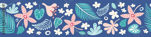 Tropical border pattern. Vector floral and leaf seamless repeat banner design.