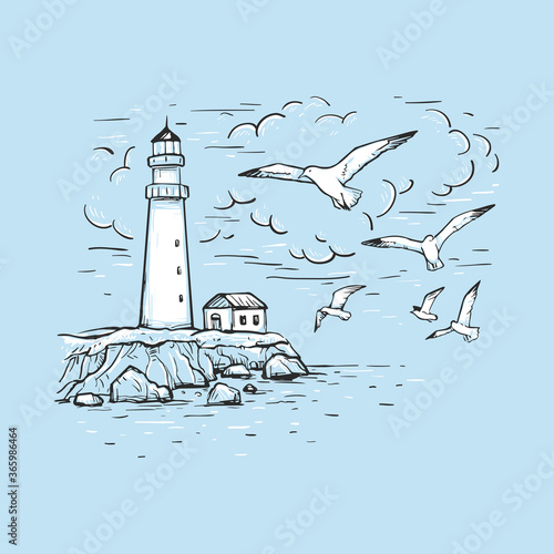 Hand drawn vector sketch with gulls, clouds and lighthouse. Marine romantic background. Design on a blue background