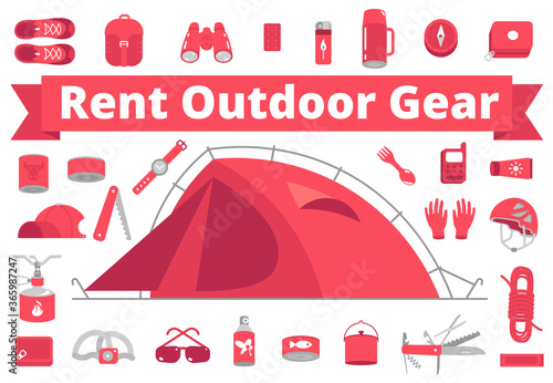 Rent outdoor gear. Camping gear rental. Mountain hike equipment set. Tourism travel adventure. Trekking hiking tent. Flat vector red colour illustration.