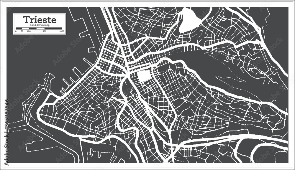 Trieste Italy City Map in Black and White Color in Retro Style. Outline Map.