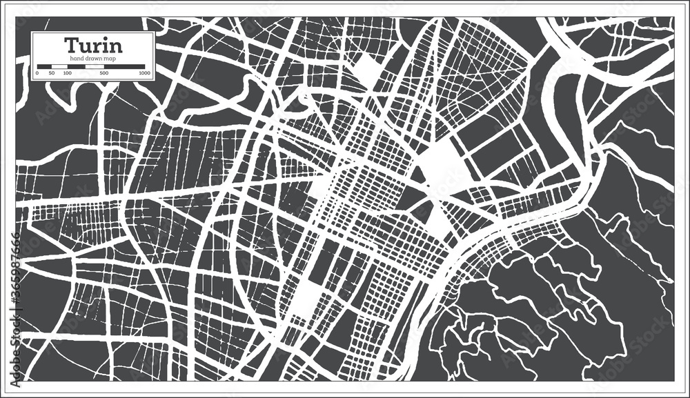 Turin Italy City Map in Black and White Color in Retro Style. Outline Map.