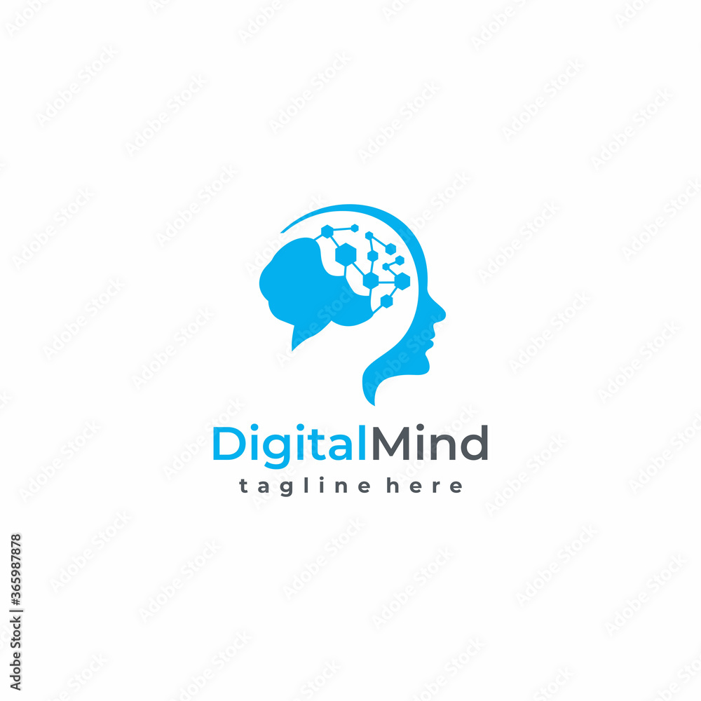 Digital Mind, Brain Head Tech Logo Design Vector