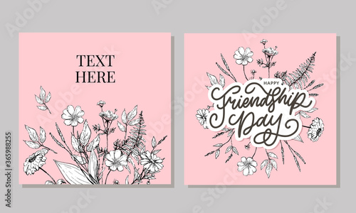 Vector illustration of hand drawn happy friendship day felicitation in fashion style with lettering text sign and color triangle for grunge effect isolated on white background