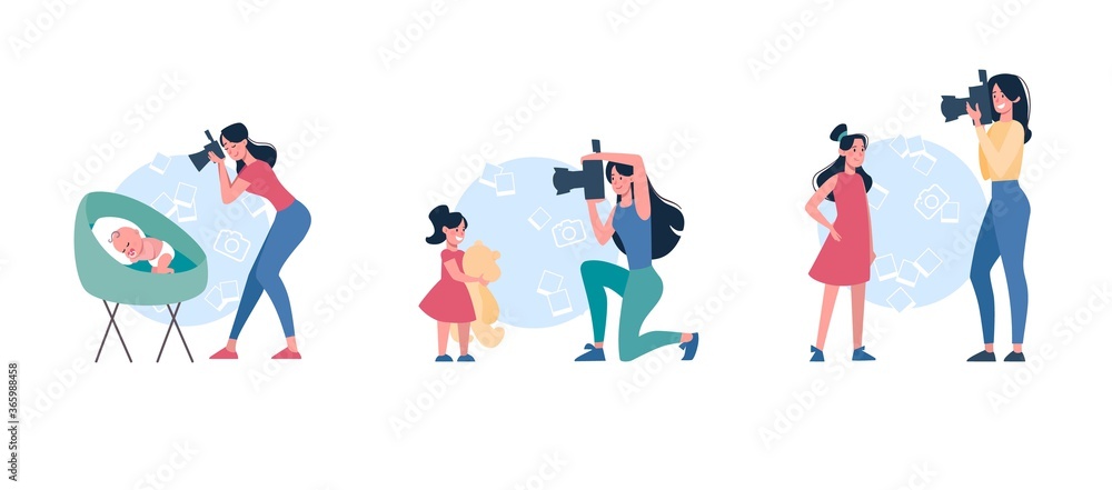 Mothers take pictures of children. A set of women who shoot at the camera of how their growing up daughters: a baby, a girl with a teddy bear and a teenager, photo. Vector, flat minimal, isolated.
