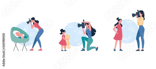 Mothers take pictures of children. A set of women who shoot at the camera of how their growing up daughters  a baby  a girl with a teddy bear and a teenager  photo. Vector  flat minimal  isolated.