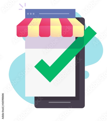 Internet store shop online e-commerce on mobile phone screen vector or smartphone digital ecommerce web icon with approved check box flat, verified storefront or approved commerce design