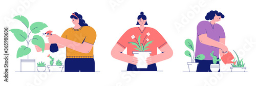 Women care for indoor plants. Illustrations isolated on white background.