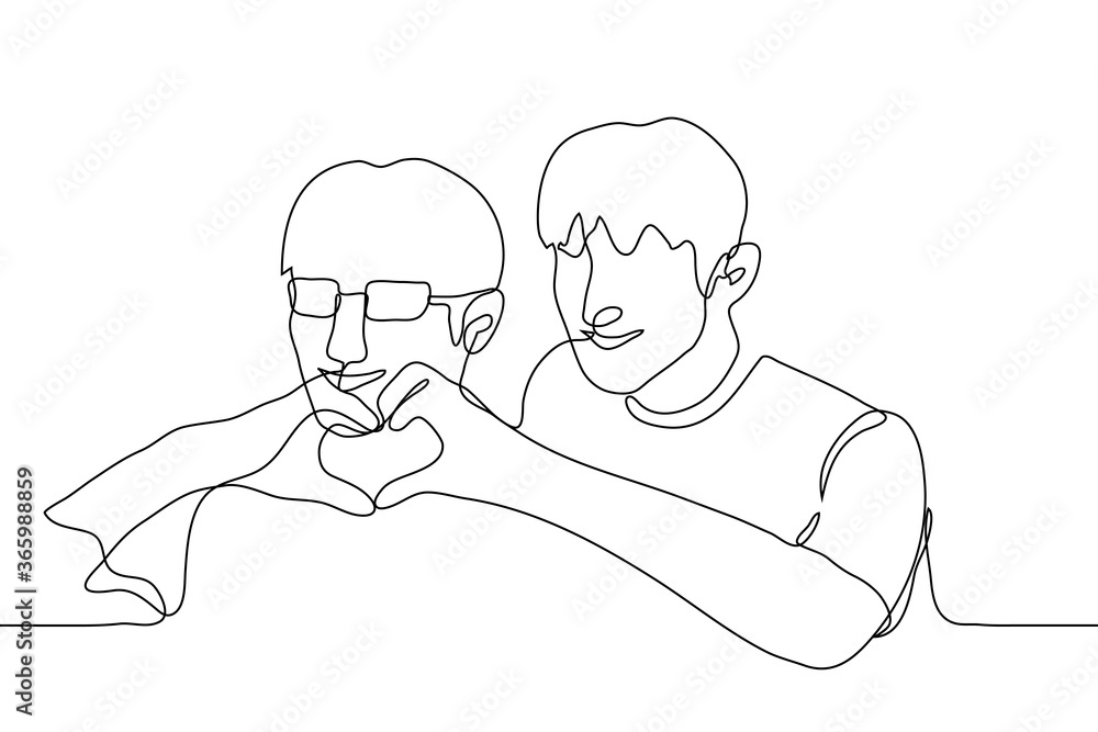 two guys (one with glasses) hold their hands clasped fingers in the shape of a heart. One continuous line art sign of love, kindness, openness, 