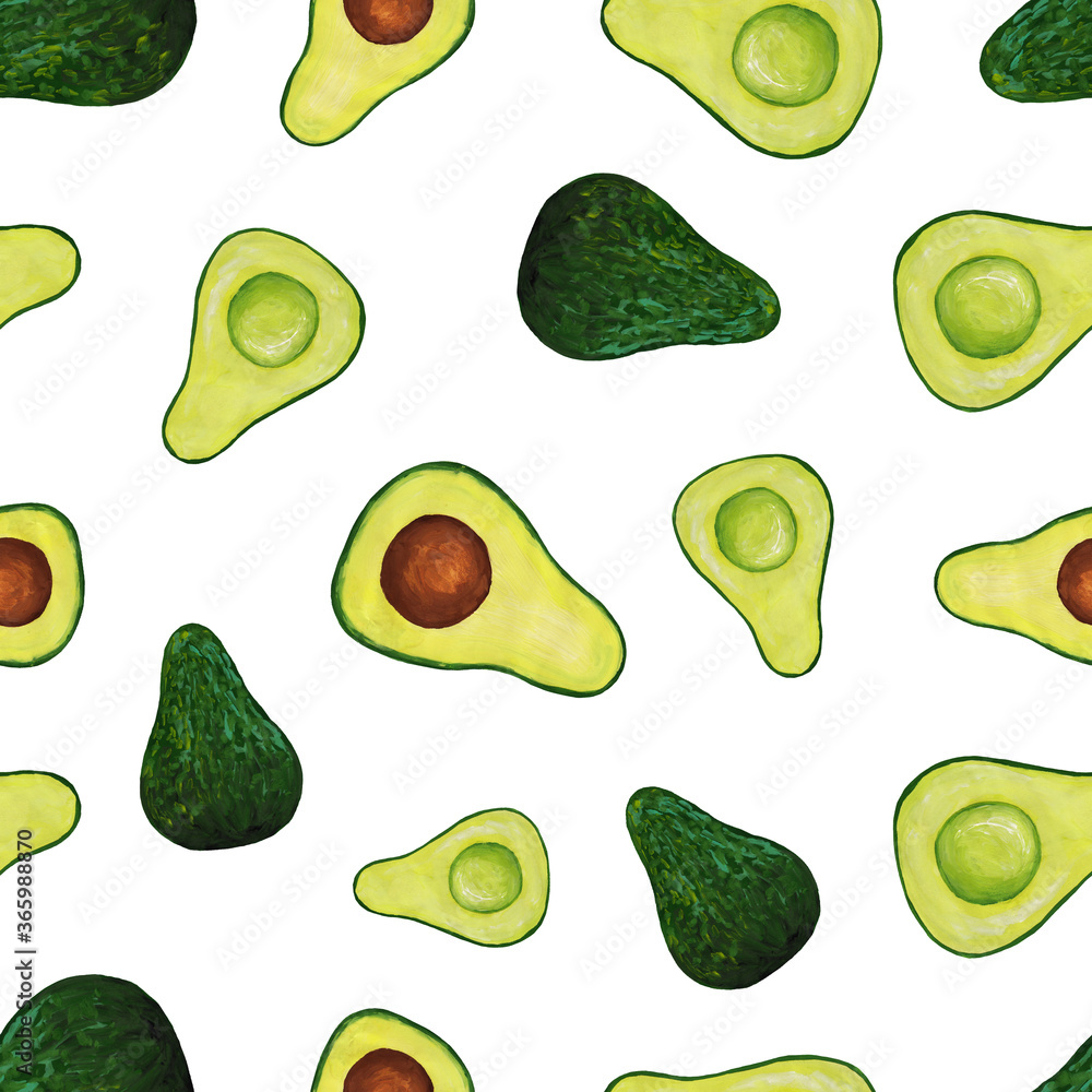 Hand drawn square seamless pattern isolated on white. Whole avocado and half avocado with bone and without. Raster realistic seamless print hand drawn avocado gouache Hand drawn square seamless pattern isolated on white. Whole avocado and half avocado with bone and without. Raster realistic seamless print hand drawn avocado gouache