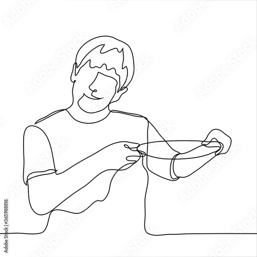 Young guy smiling while holding a round empty tray / large plate. One continuous line drawing of a young man benevolently showing empty crockery.