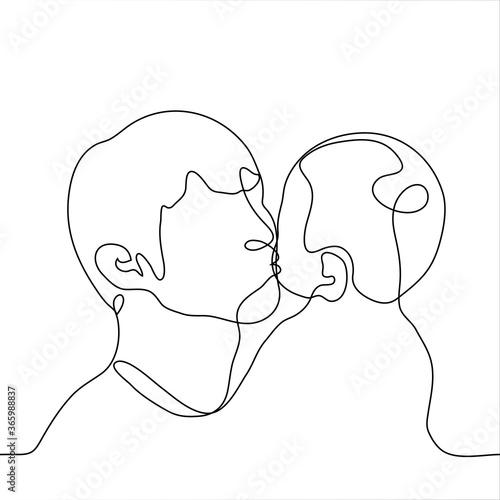 young man holds in his arms a child about one year old and kisses on the cheek, the child kisses him in response. One continuous line art dad kisses a little son / daughter. Vector illustration