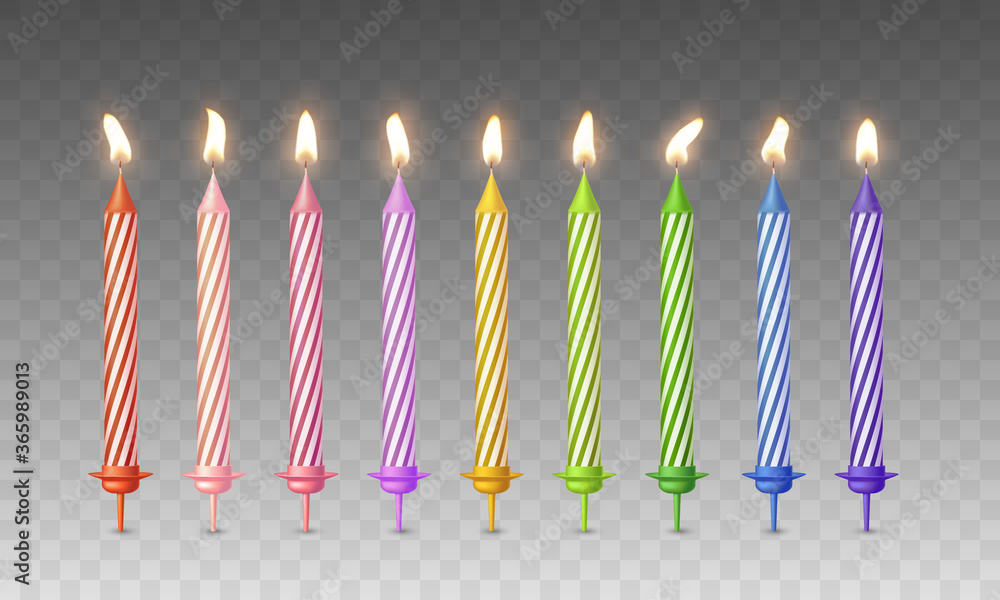 Candles with burning fire flame for birthday cake isolated on ...