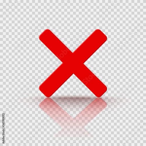 Cross red icon isolated on transparent background. Symbol No or X button for correct, wrong and failed decision. Vector flat sign or mark element