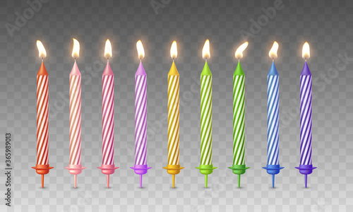 Candles with burning fire flame for birthday cake isolated on transparent background. Vector 3d realistic color candlelight elements set