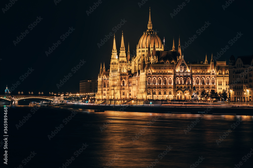 Budapest iconic Parliament building illuminated at night