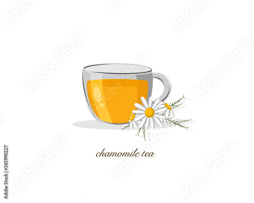 Cup of chamomile tea with flower isolated on white. Icon vector illustration. 