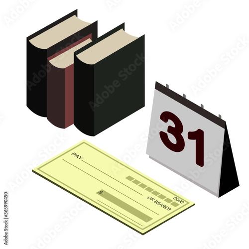 Blank checkbook ( cheque ) with book and calendar icon vector illustration. Paycheck, payday and payroll concept.