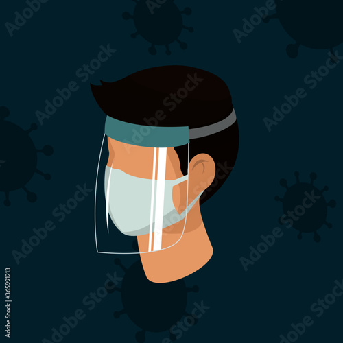 Man wear protective medical facial mask with face shield cartoon isometric design icon vector illustration. Infectious control and prevent corona virus, covid-19 epidemic concept.
