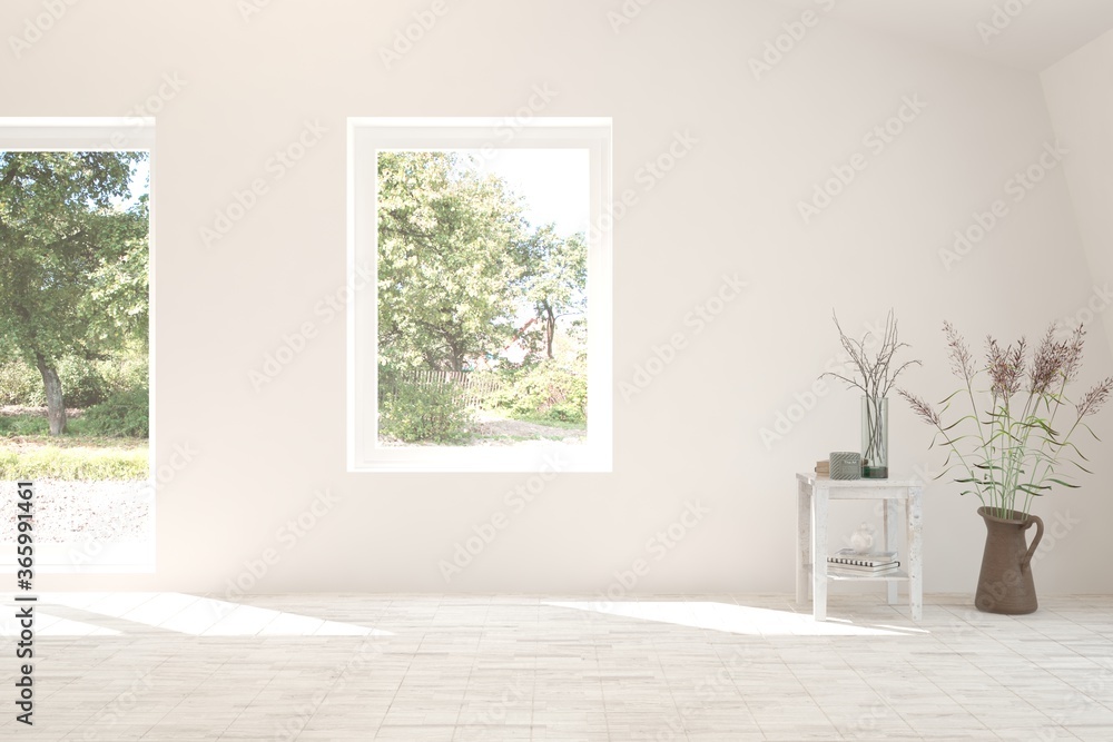 White empty room with summer landscape in window. Scandinavian interior design. 3D illustration White empty room with summer landscape in window. Scandinavian interior design. 3D illustration