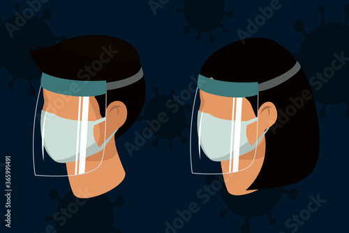 Man and woman wear protective medical facial mask with face shield cartoon isometric design icon vector illustration. Infectious control and prevent corona virus, covid-19 pandemic concept.