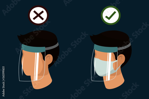 Man wear protective medical facial mask with face shield cartoon isometric design icon vector illustration. Infectious control and prevent corona virus, covid-19 pandemic concept.