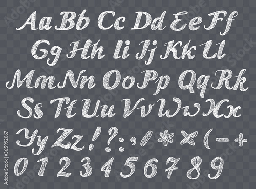 ABC English alphabet on transparent background. Uppercase and lowercase letters written in chalk
