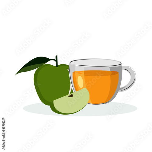 cup glass of apple cider tea and fresh ripe granny smith green apples fruit isolated on white background. Vector illustration.