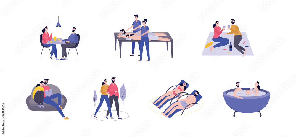 Couple rest and romantic vacation scenes flat vector illustrations set isolated.