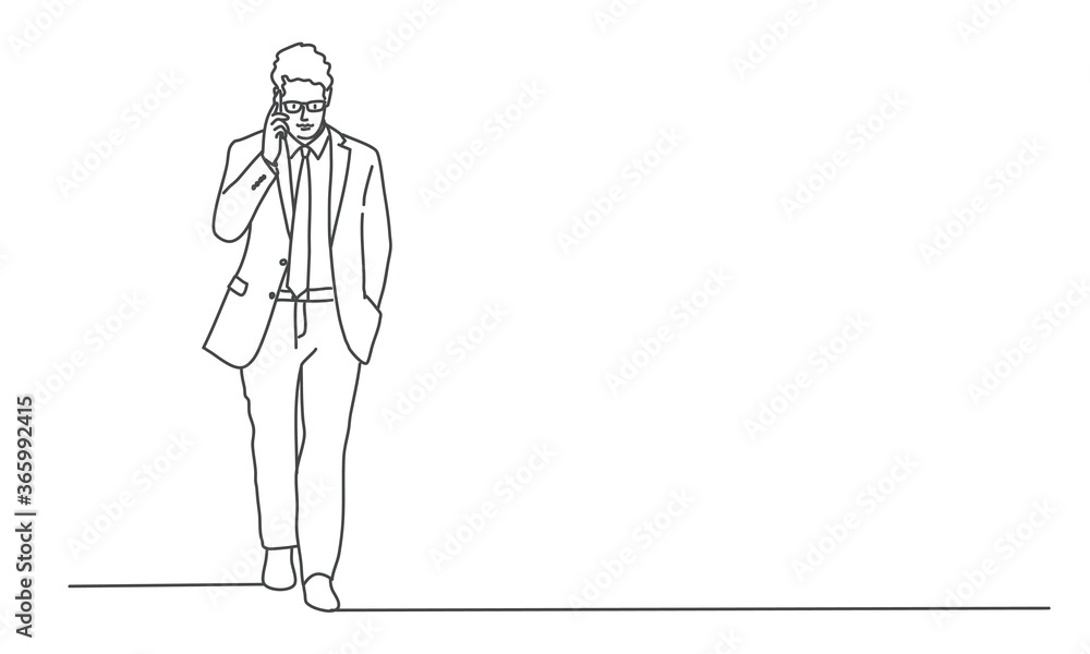 Walking business man speaking on cell phone. Line drawing vector illustration. Walking business man speaking on cell phone. Line drawing vector illustration.