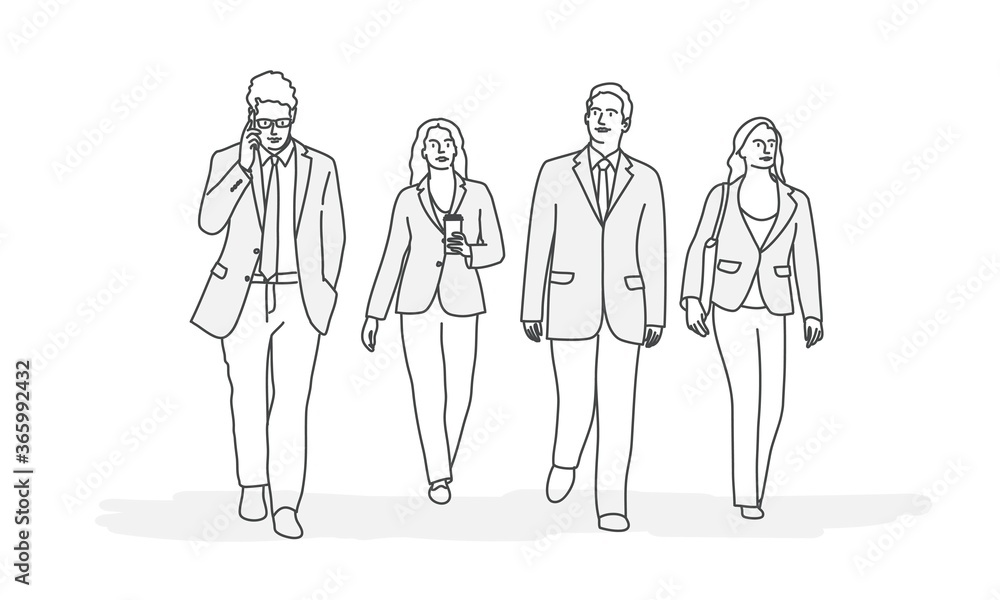 Walking business people. Line drawing vector illustration.
