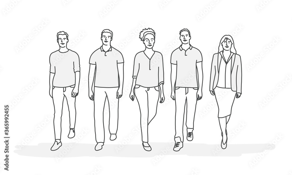 Young team members stand. Line drawing vector illustration. Young team members stand. Line drawing vector illustration.